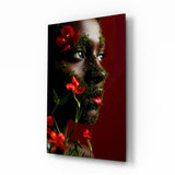 Yellow scarf Ukrainian woman cinematic glass wall art over walnut console in designer fashion atelier