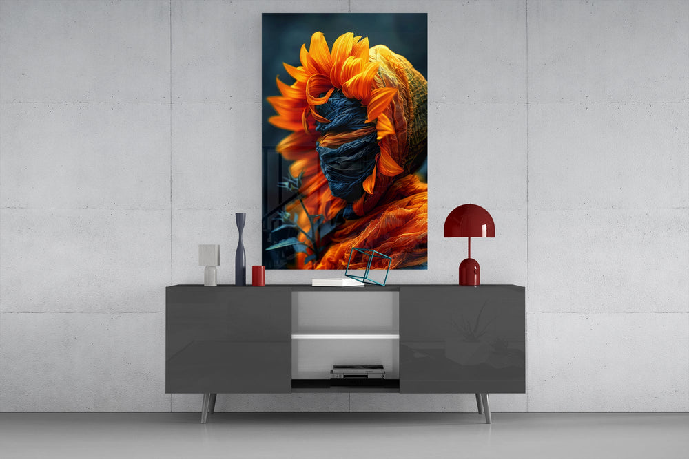 Graphic-poster surveillance cinematic glass wall art in masculine-luxe study