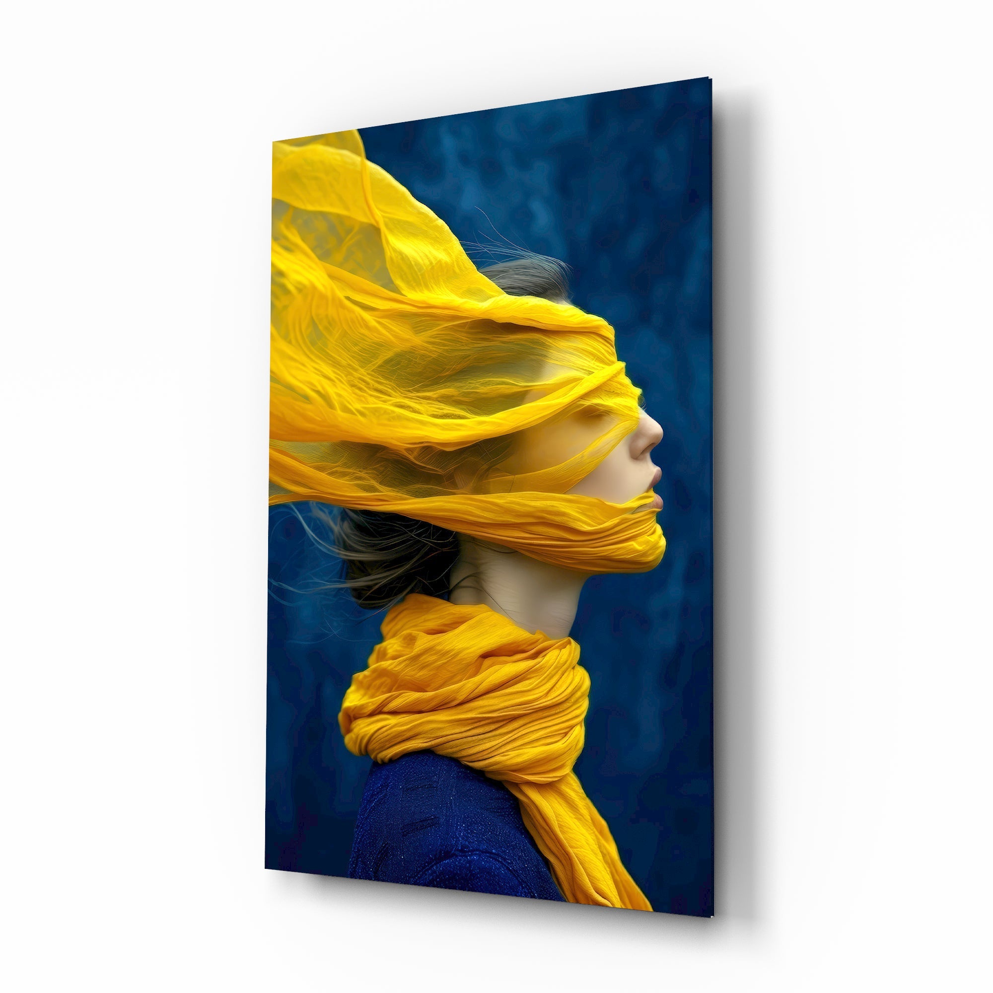 Windswept yellow scarf profile cinematic glass wall art over walnut console in designer fashion atelier