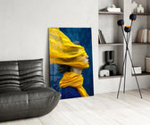 Editorial scarf cinematic glass wall art over modern dining sideboard