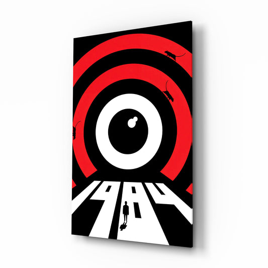 1984 target eye surveillance cinematic glass wall art over walnut console in designer literary-cafe reception