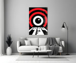 Saul-Bass style cinematic glass wall art in heritage stairwell