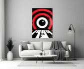 Saul-Bass style cinematic glass wall art in heritage stairwell