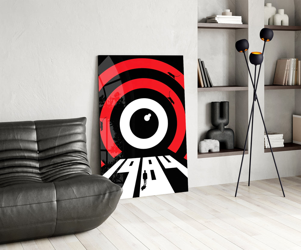 Concentric red-rings cinematic glass wall art over modern dining sideboard