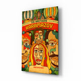 Brothers Karamazov pop poster cinematic glass wall art over walnut console in designer literary-cafe reception