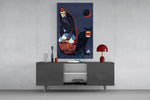 Geometric pop cinematic glass wall art in masculine-luxe study