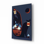 Bowie cathedral screaming cat cinematic glass wall art over walnut console in designer entertainment den