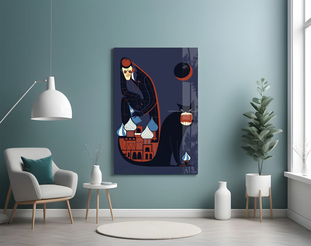 Cold-War pop cinematic glass wall art in retro-literary cafe