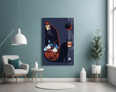 Cold-War pop cinematic glass wall art in retro-literary cafe