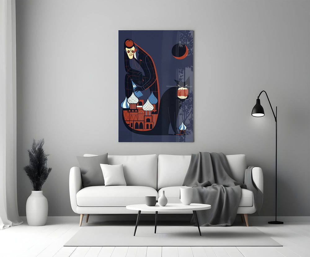Modernist graphic cinematic glass wall art in heritage stairwell