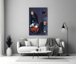 Modernist graphic cinematic glass wall art in heritage stairwell