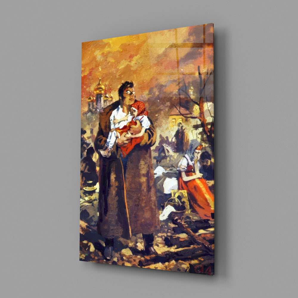 Social realist war tribute cinematic glass wall art in Russian-Ukrainian-heritage home