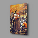 Social realist war tribute cinematic glass wall art in Russian-Ukrainian-heritage home