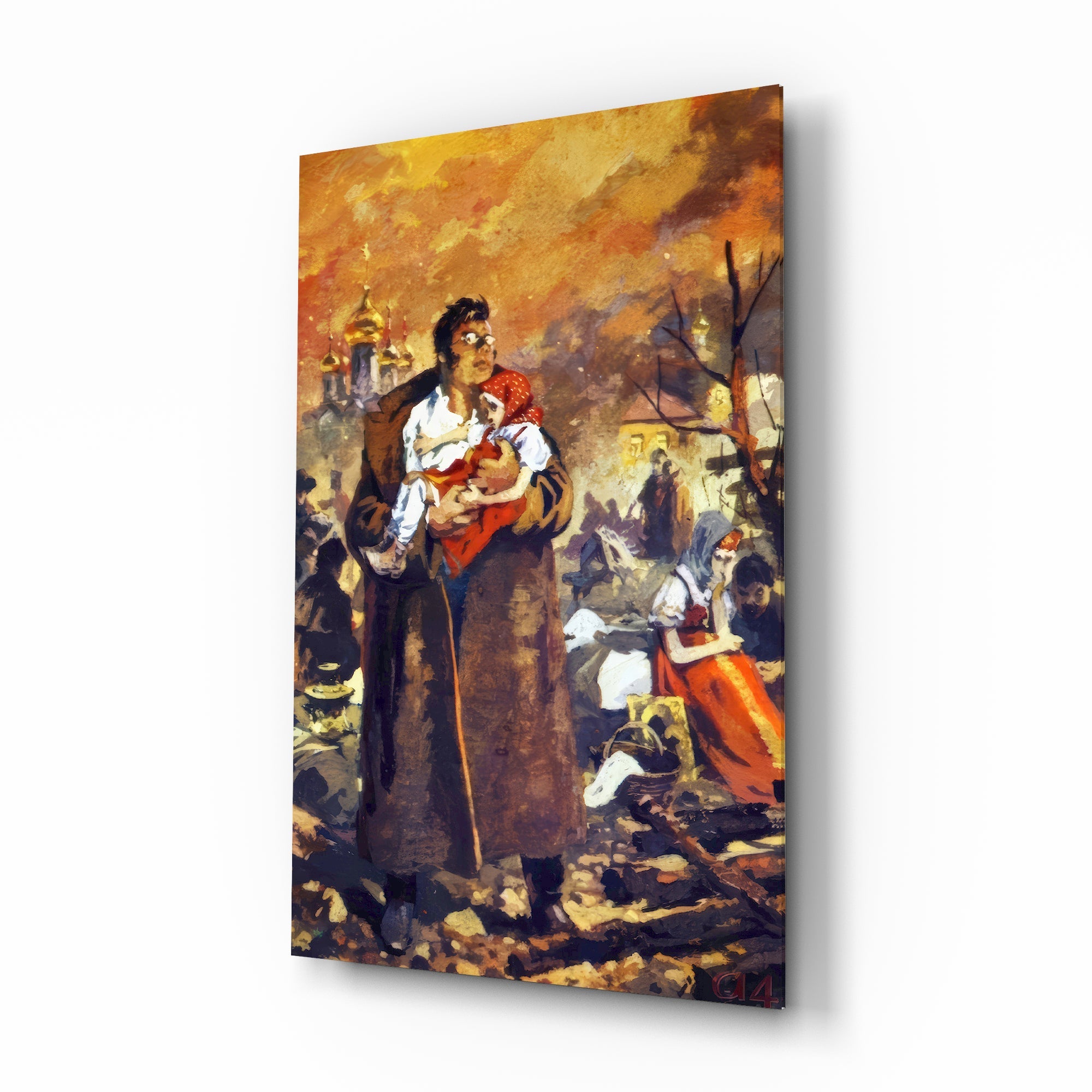 Russian revolution painterly cinematic glass wall art over walnut console in designer heritage library