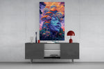 Digital-fantasy cinematic glass wall art in light-filled atelier