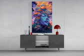 Digital-fantasy cinematic glass wall art in light-filled atelier