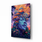 Mushroom cloud goddess cinematic glass wall art over walnut console in designer wellness clinic