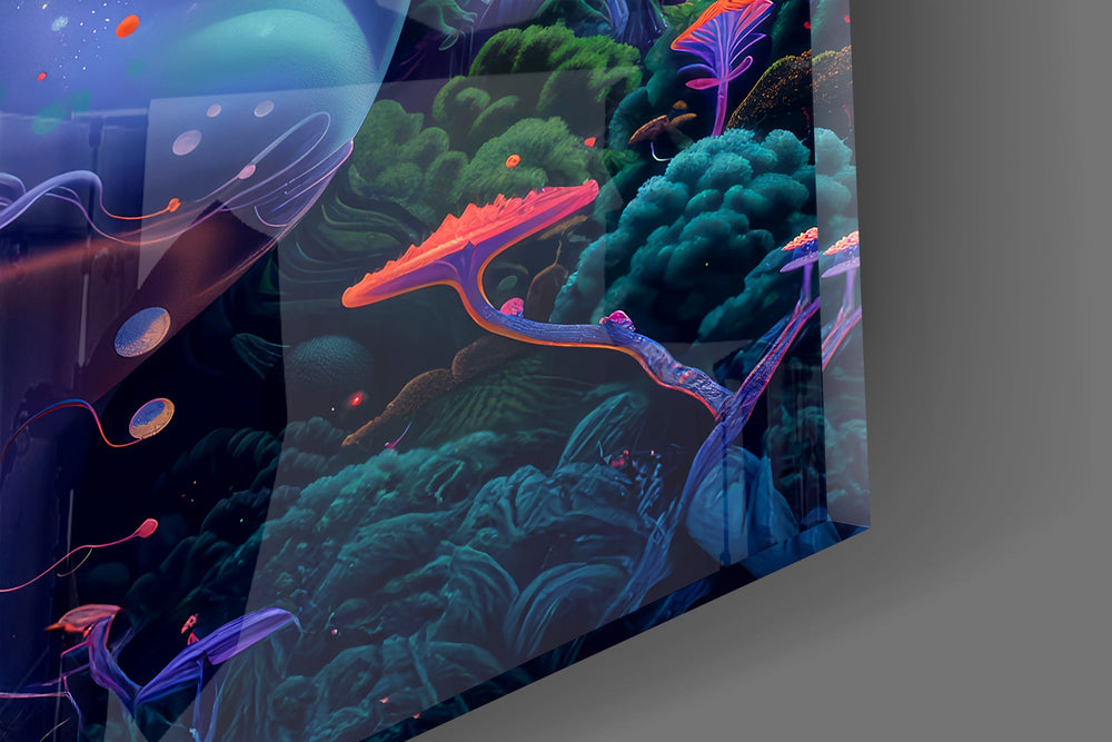 Blue-skinned goddess cinematic glass wall art in creative studio