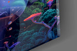 Blue-skinned goddess cinematic glass wall art in creative studio