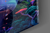Blue-skinned goddess cinematic glass wall art in creative studio