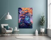 Mushroom headdress cinematic glass wall art in feminine-luxe boudoir