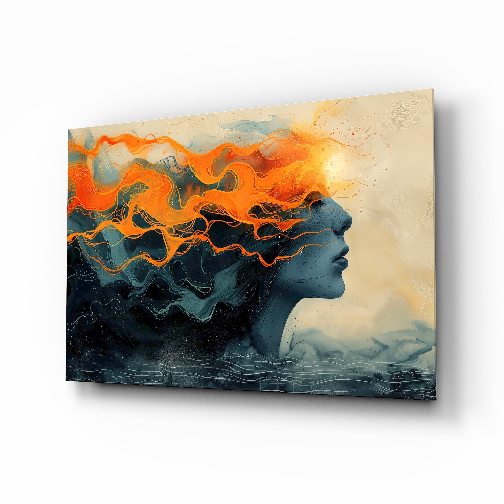 Tangerine flame hair muse cinematic glass wall art over walnut console in designer wellness clinic