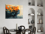 Slate-blue muse cinematic glass wall art over modern dining sideboard