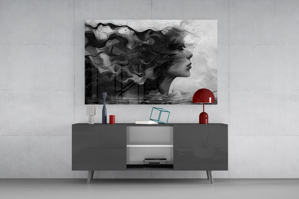 Meditation portrait cinematic glass wall art in light-filled atelier