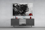 Meditation portrait cinematic glass wall art in light-filled atelier