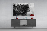 Meditation portrait cinematic glass wall art in light-filled atelier