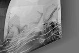 Smoke-hair portrait cinematic glass wall art in yoga-studio reception