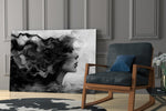 B&W fluid-art cinematic glass wall art in private library reading nook