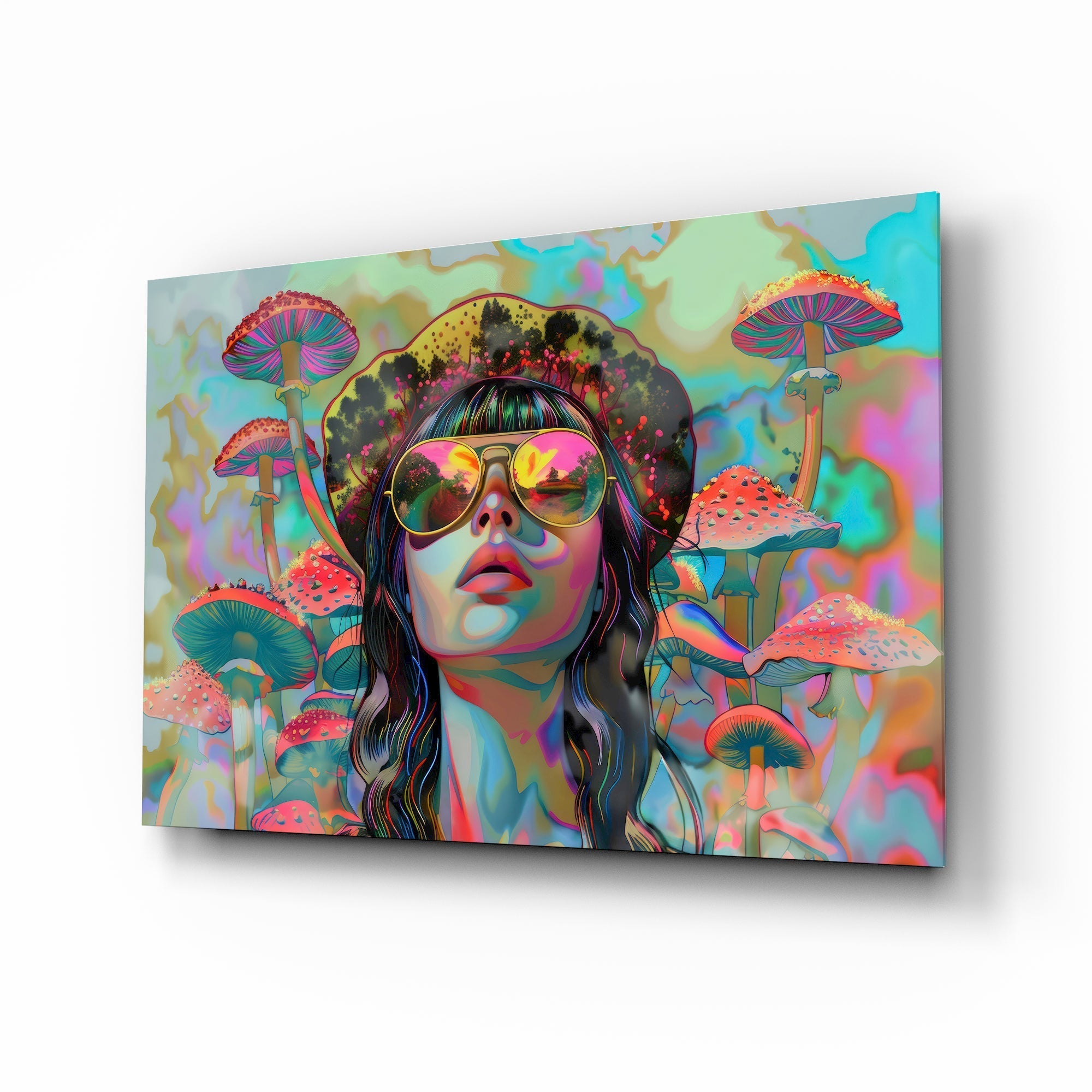Psychedelic mushroom girl cinematic glass wall art over walnut console in designer entertainment den