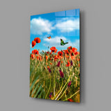 Cottagecore summer meadow cinematic glass wall art in wellness clinic reception