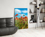 Summer meadow cinematic glass wall art over modern dining sideboard