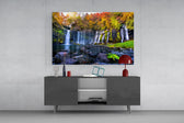 Japanese-autumn cinematic glass wall art in light-filled atelier