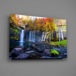 Japanese travel cinematic glass wall art in heritage living room