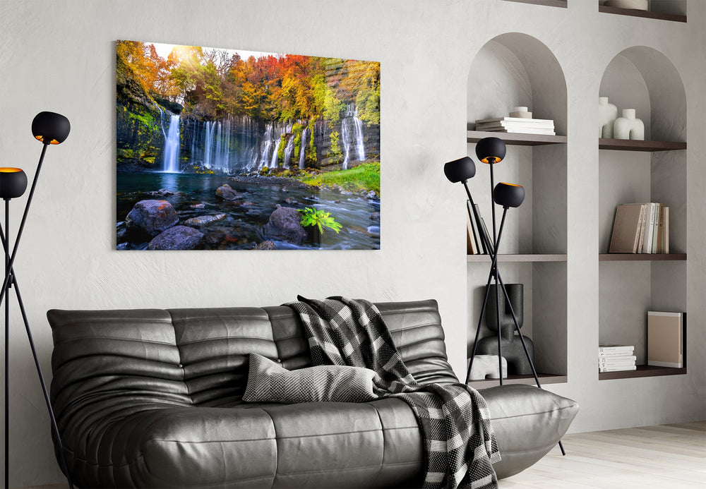 Silver waterfalls cinematic glass wall art in wellness retreat reception