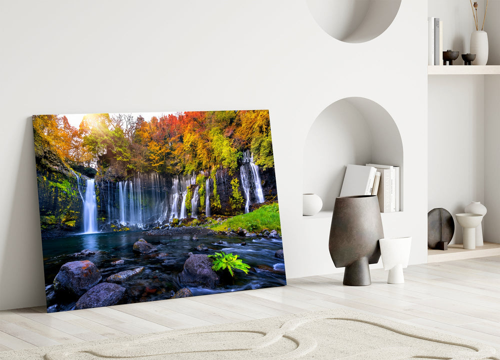 Hiroshi-Sugimoto style cinematic glass wall art in heritage stairwell