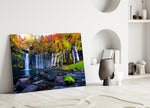 Hiroshi-Sugimoto style cinematic glass wall art in heritage stairwell