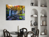 Autumn-foliage waterfall cinematic glass wall art over modern dining sideboard
