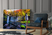 Travel poster cinematic glass wall art in private library reading nook