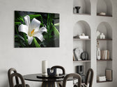 Saffron stamen lily cinematic glass wall art over modern dining sideboard