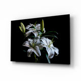 White lily trio cinematic glass wall art over walnut console in designer bedroom