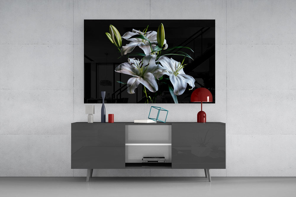Old-Master botanical cinematic glass wall art in light-filled atelier
