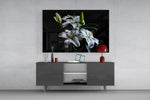 Old-Master botanical cinematic glass wall art in light-filled atelier