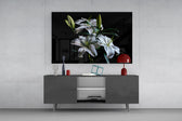 Old-Master botanical cinematic glass wall art in light-filled atelier