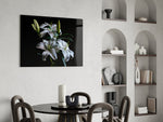 Botanical lily cinematic glass wall art over modern dining sideboard
