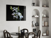 Botanical lily cinematic glass wall art over modern dining sideboard
