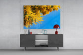 Botanical poster cinematic glass wall art in light-filled atelier